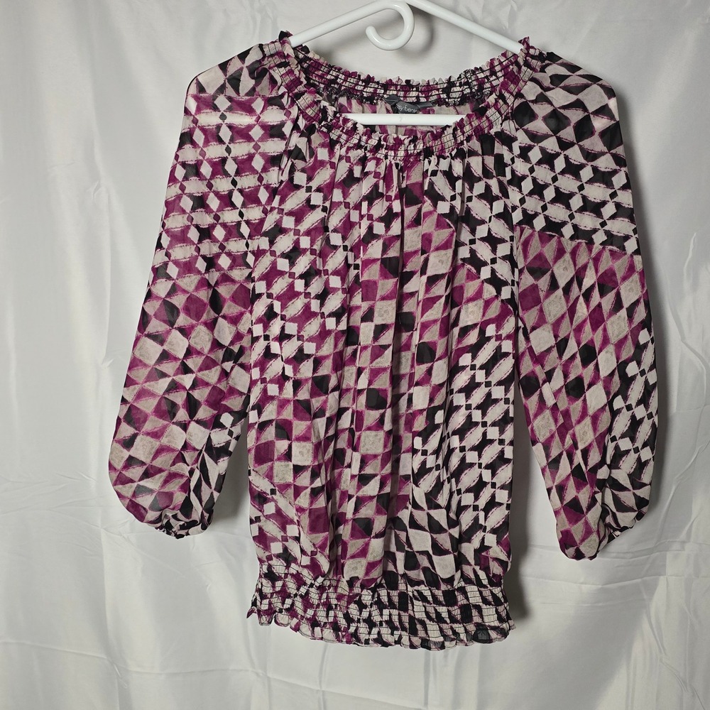 Daisy Fuentes Womens Small Purple Geometric Chiffon Smocked Blouse